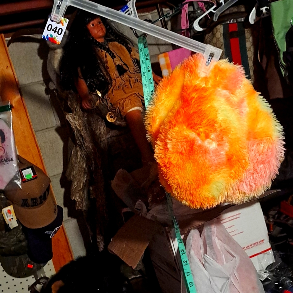 #40 Hat orange yellow and pink fuzzy hat